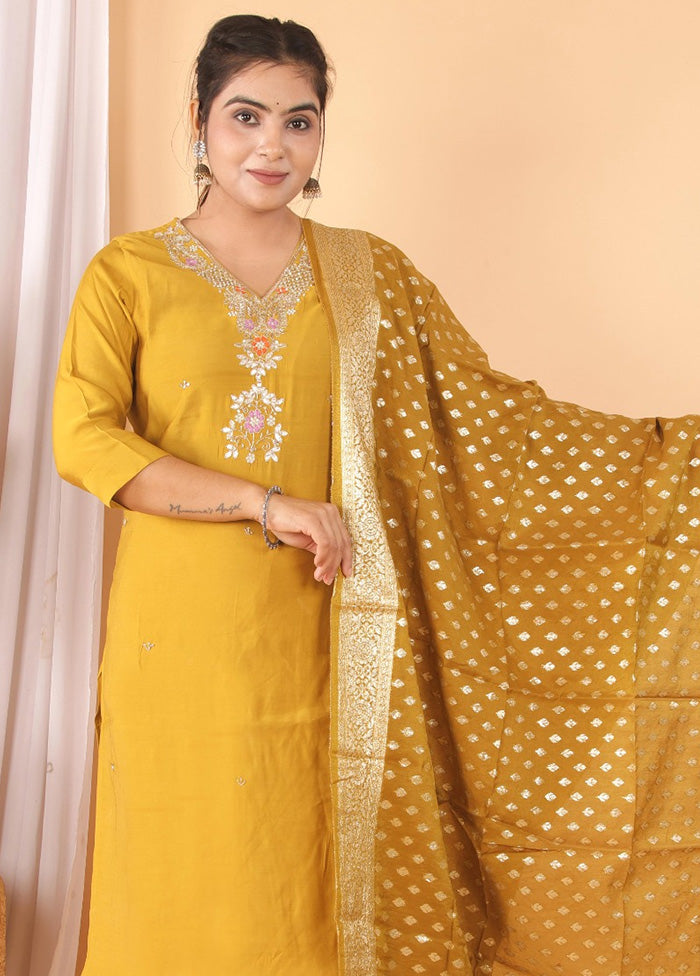 3 Pc Mustard Readymade Silk Suit Set