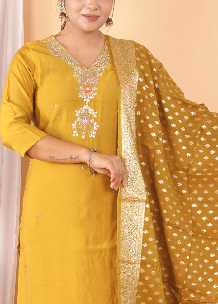 3 Pc Mustard Readymade Silk Suit Set