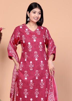 3 Pc Maroon Pure Readymade Cotton Suit Set