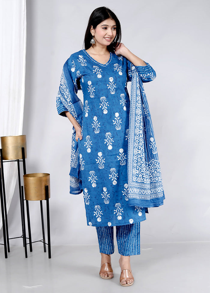 3 Pc Royal Blue Pure Readymade Cotton Suit Set