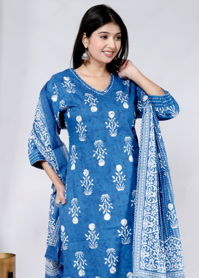 3 Pc Royal Blue Pure Readymade Cotton Suit Set