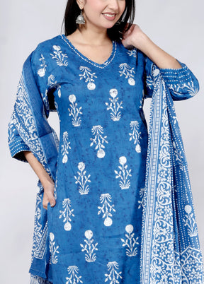 3 Pc Royal Blue Pure Readymade Cotton Suit Set