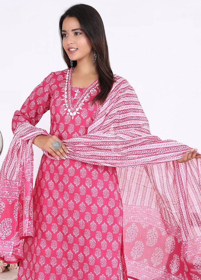 3 Pc Pink Pure Readymade Cotton Suit Set