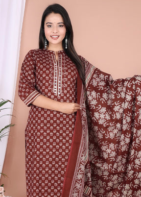 3 Pc Coffee Pure Readymade Cotton Suit Set