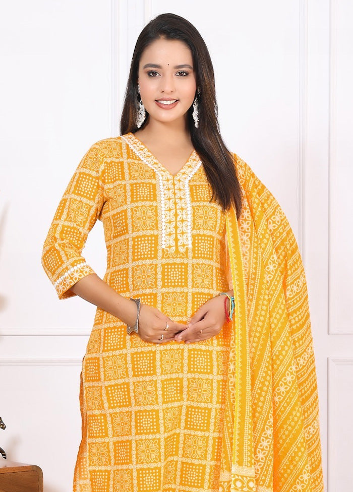 3 Pc Yellow Pure Readymade Cotton Suit Set