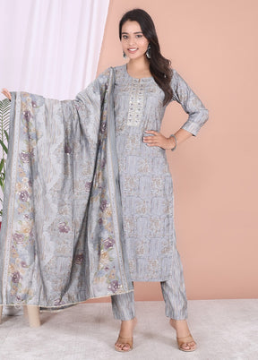 3 Pc Grey Readymade Silk Suit Set