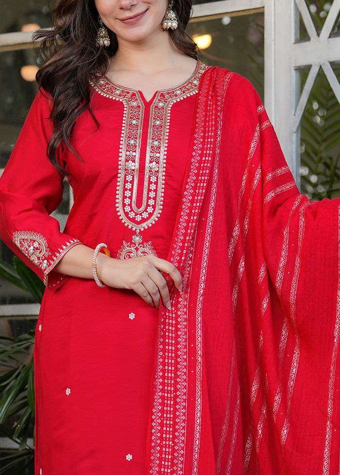 3 Pc Red Readymade Viscose Suit Set