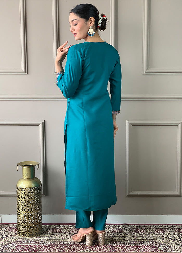 3 Pc Turquoise Blue Readymade Viscose Suit Set