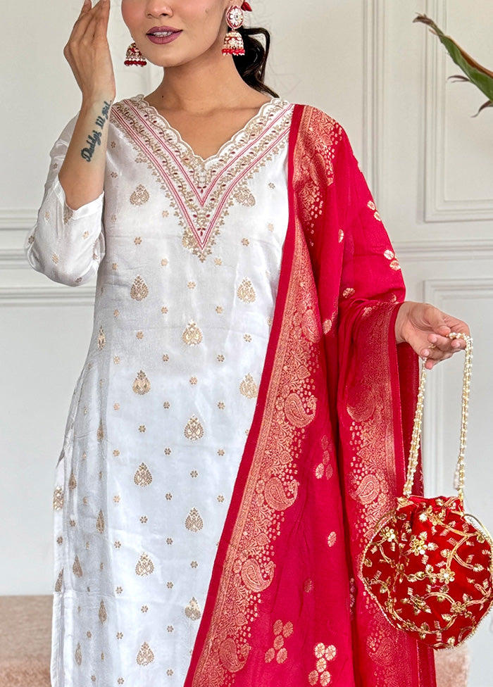 3 Pc White Readymade Silk Suit Set