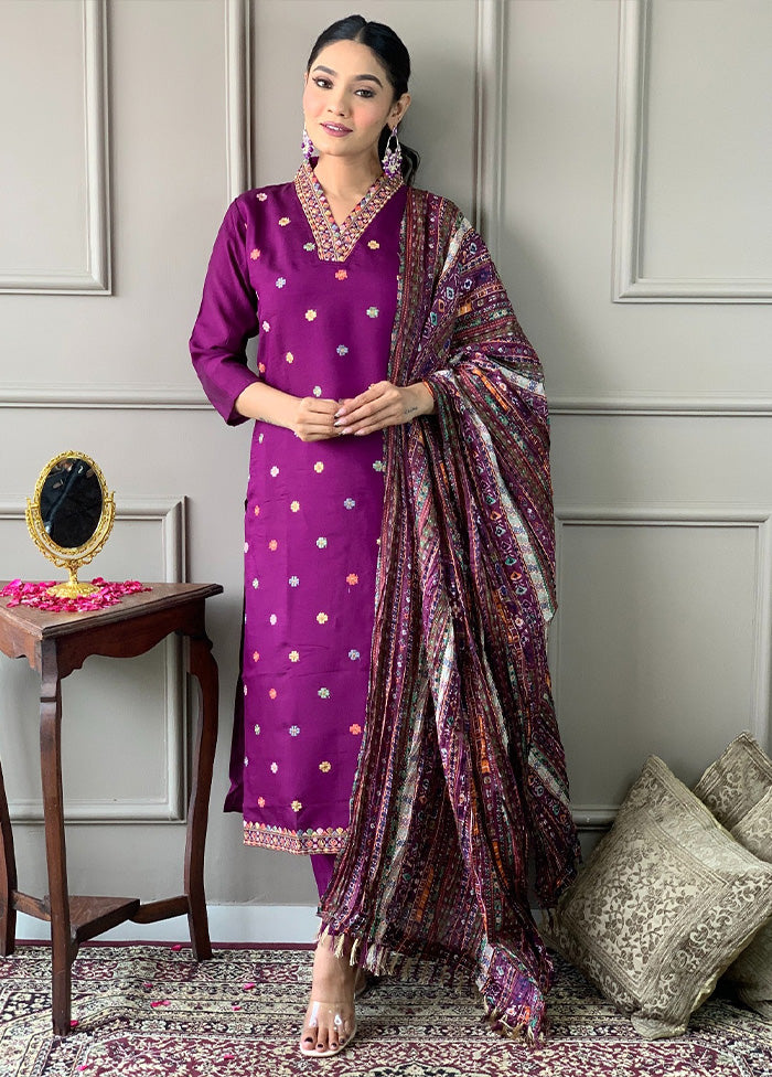 3 Pc Purple Readymade Viscose Suit Set