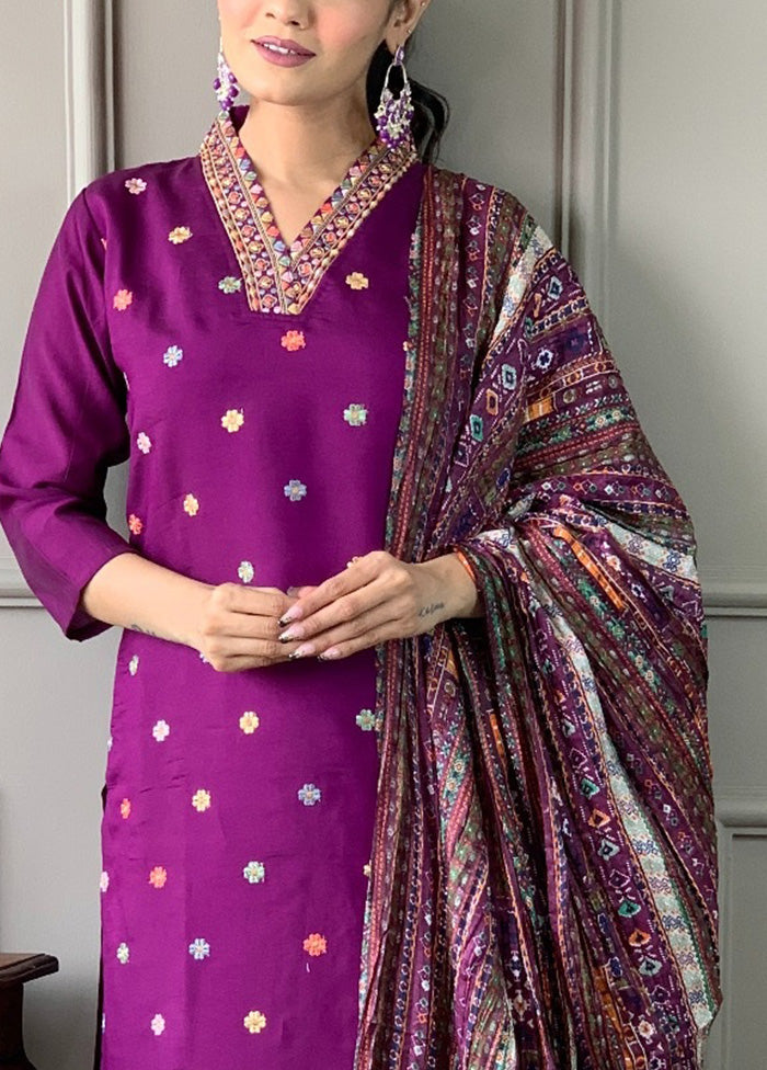 3 Pc Purple Readymade Viscose Suit Set