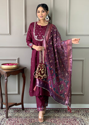 3 Pc Wine Readymade Viscose Suit Set