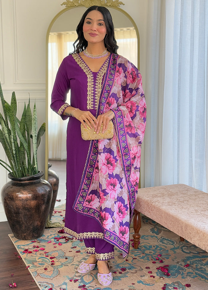 3 Pc Purple Readymade Viscose Suit Set