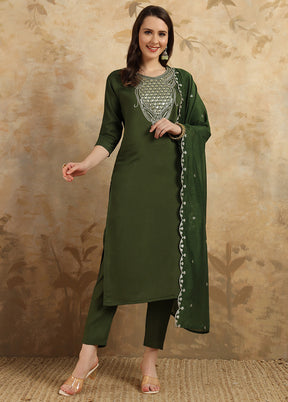 3 Pc Olive Green Readymade Viscose Suit Set