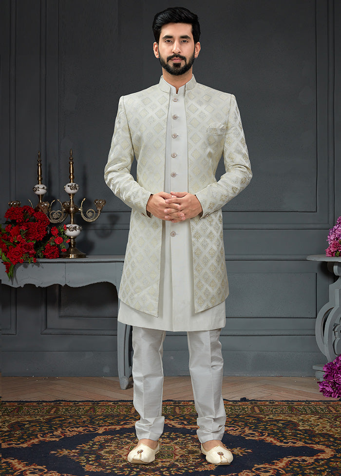 White Dupion Silk Kurta And Pant Set - Indian Silk House Agencies