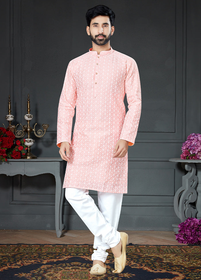 Light Pink Cotton Kurta And Churidaar Set - Indian Silk House Agencies