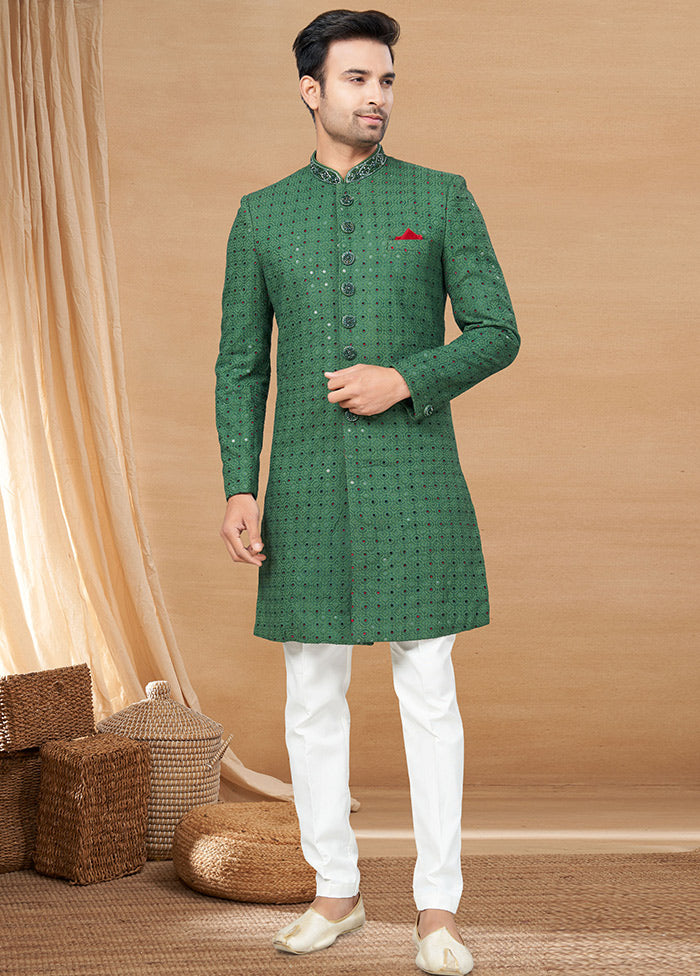 Green Dupion Silk Kurta And Trouser Set - Indian Silk House Agencies