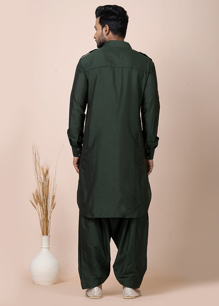 Green Full Sleeves Mandarin Collar Pathani Kurta And Churidaar Set