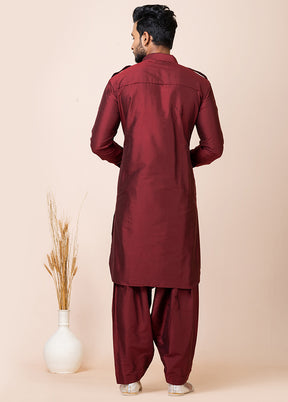 Maroon Viscose Full Sleeves Mandarin Collar Pathani Kurta And Pajama Set