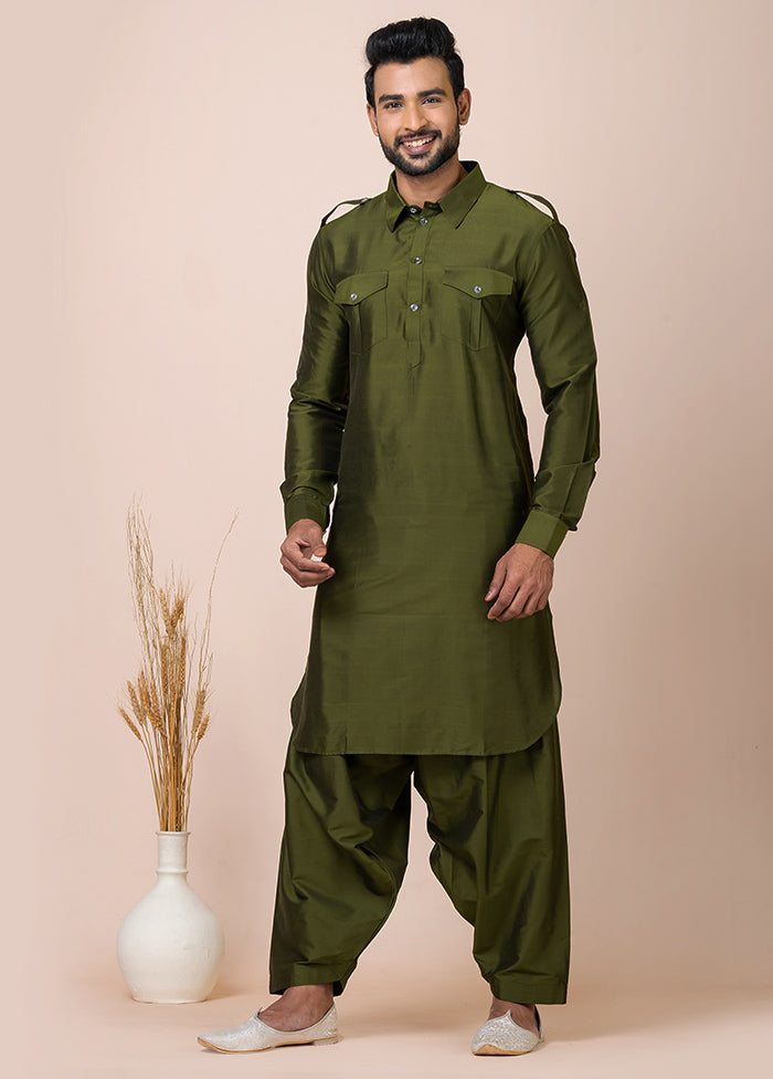 Rama Green Full Sleeves Mandarin Collar Pathani Kurta And Churidaar Set - Indian Silk House Agencies