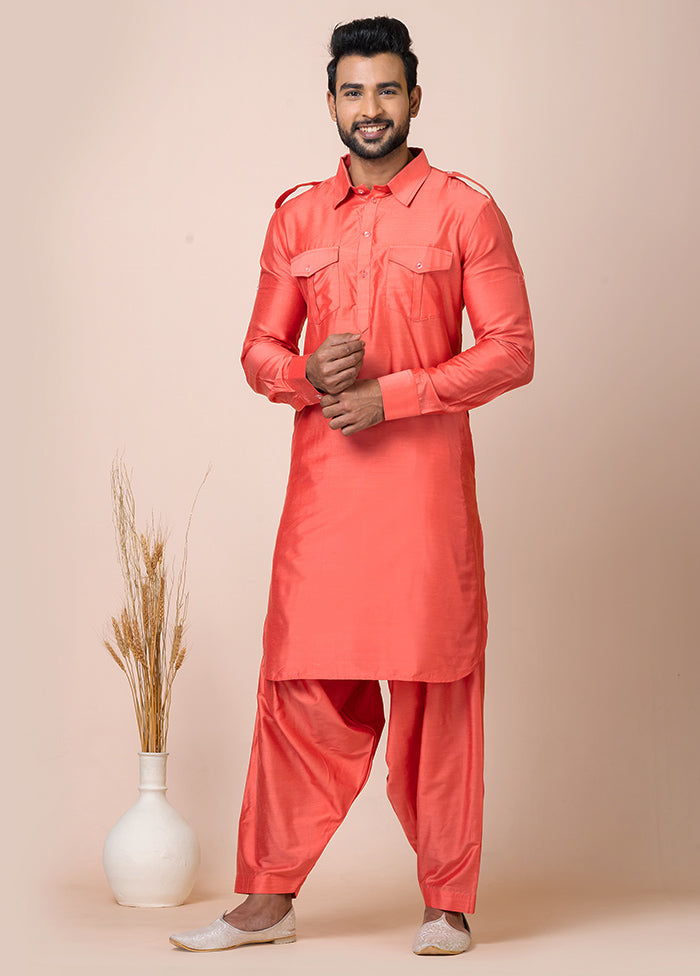 Orange Full Sleeves Mandarin Collar Pathani Kurta And Churidaar Set - Indian Silk House Agencies