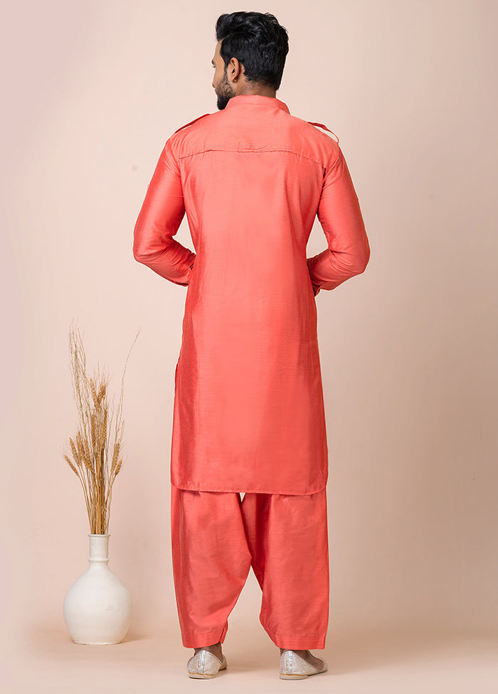 Orange Full Sleeves Mandarin Collar Pathani Kurta And Churidaar Set