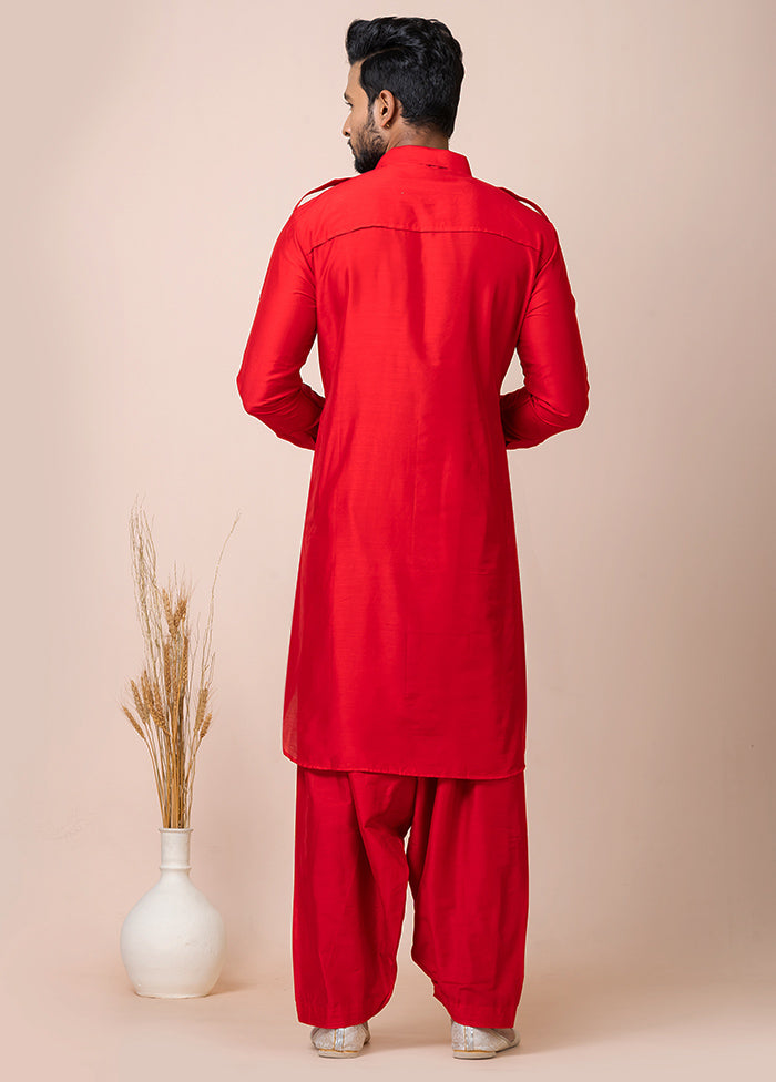 Red Full Sleeves Mandarin Collar Pathani Kurta And Churidaar Set