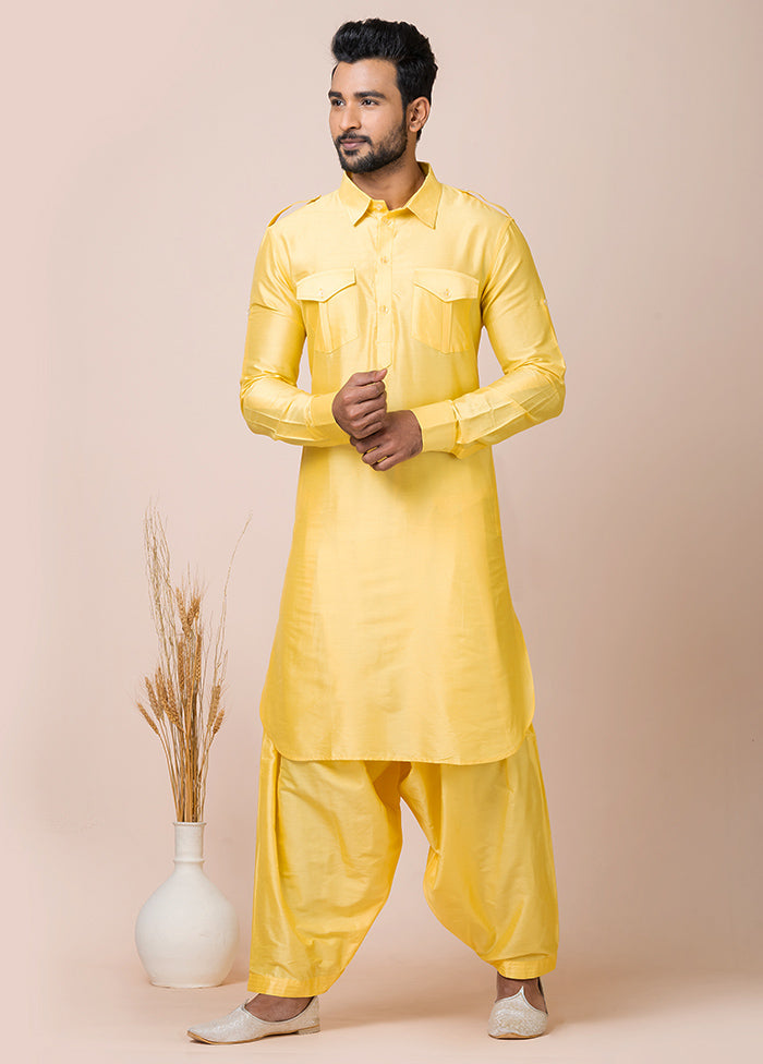 Yellow Full Sleeves Mandarin Collar Pathani Kurta And Churidaar Set - Indian Silk House Agencies