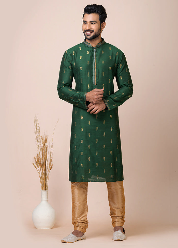 Green Full Sleeves Mandarin Collar Pathani Kurta And Churidaar Set - Indian Silk House Agencies