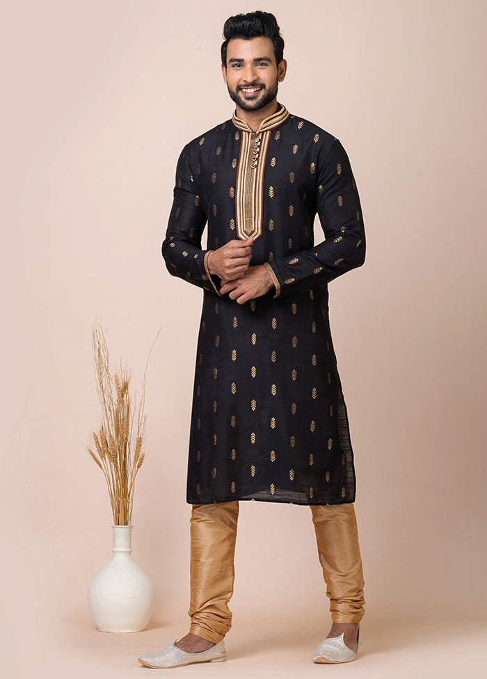 Black Full Sleeves Mandarin Collar Pathani Kurta And Churidaar Set - Indian Silk House Agencies