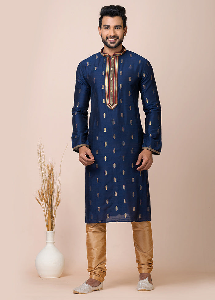 Royal Blue Full Sleeves Mandarin Collar Pathani Kurta And Churidaar Set