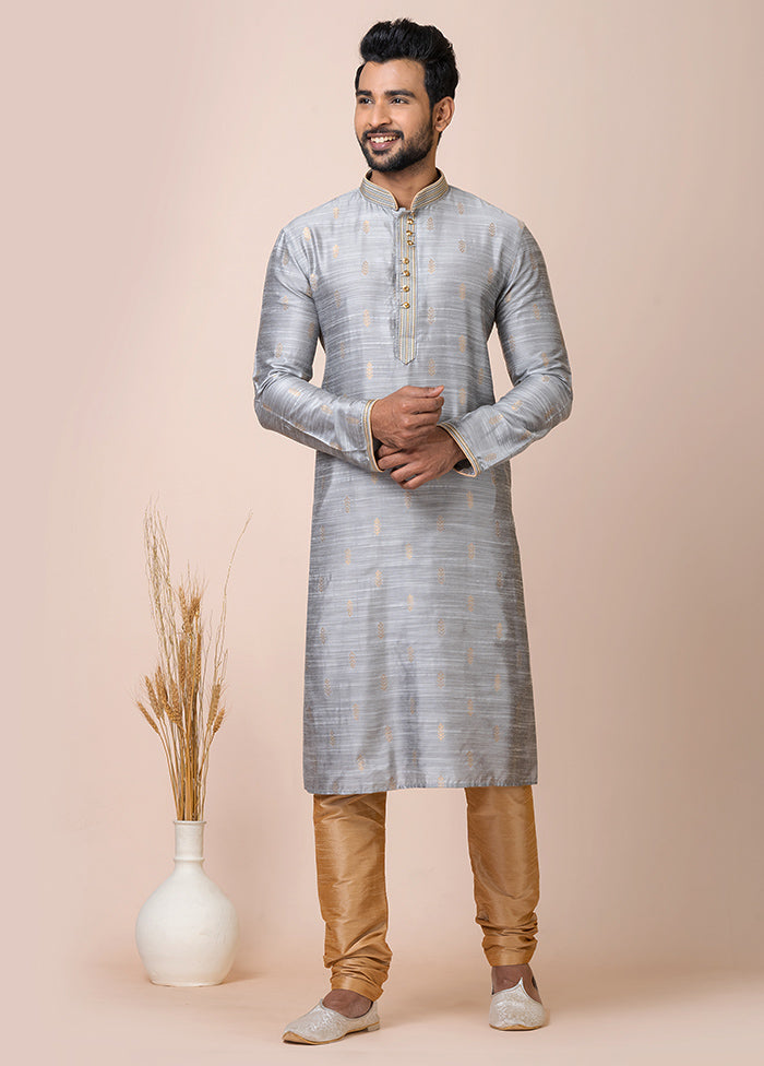 Grey Full Sleeves Mandarin Collar Pathani Kurta And Churidaar Set - Indian Silk House Agencies