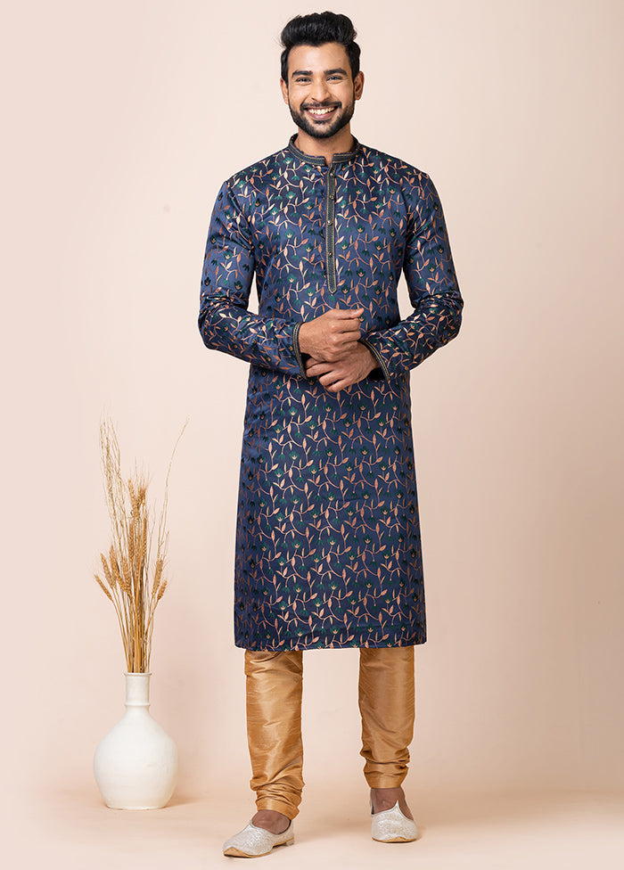 Navy Blue Silk Full Sleeves Mandarin Collar Kurta And Pajama Set