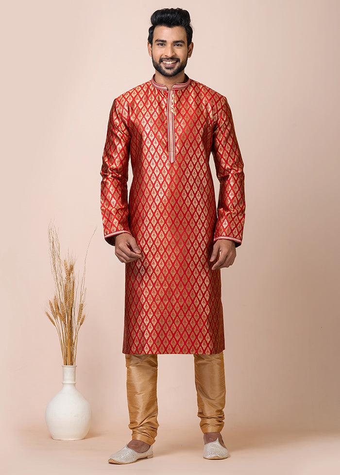 Red Full Sleeves Mandarin Collar Pathani Kurta And Churidaar Set - Indian Silk House Agencies