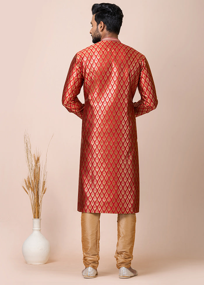 Red Full Sleeves Mandarin Collar Pathani Kurta And Churidaar Set - Indian Silk House Agencies