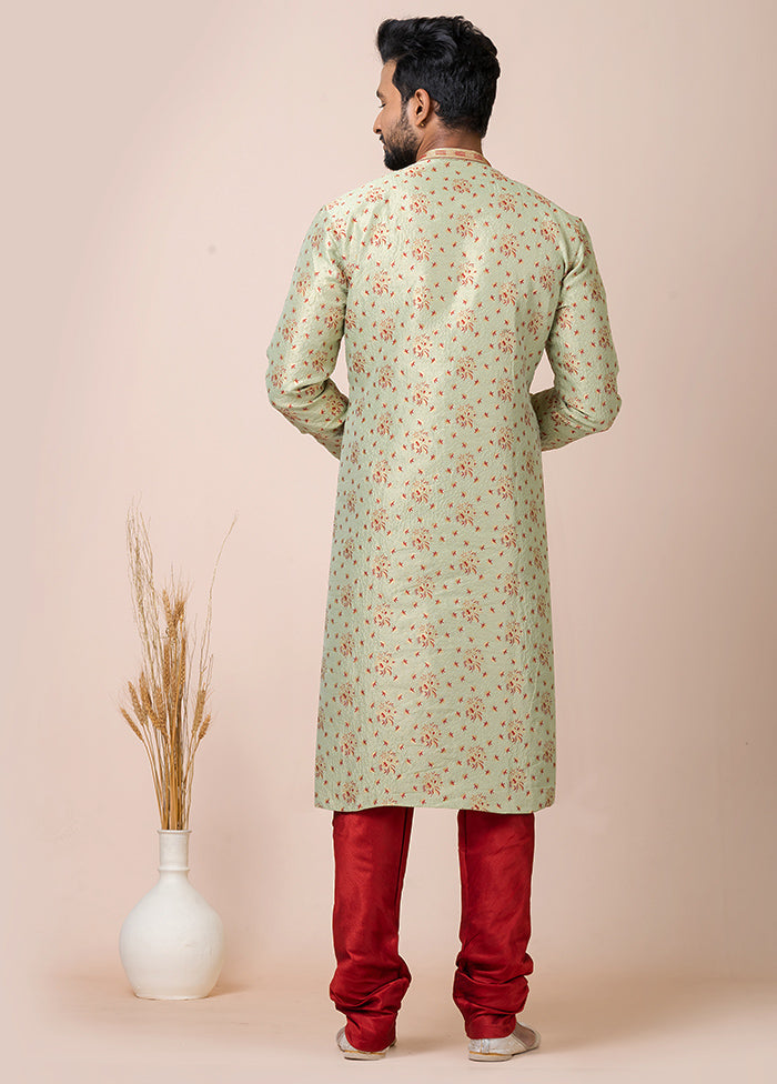 Mint Green Full Sleeves Mandarin Collar Pathani Kurta And Churidaar Set - Indian Silk House Agencies