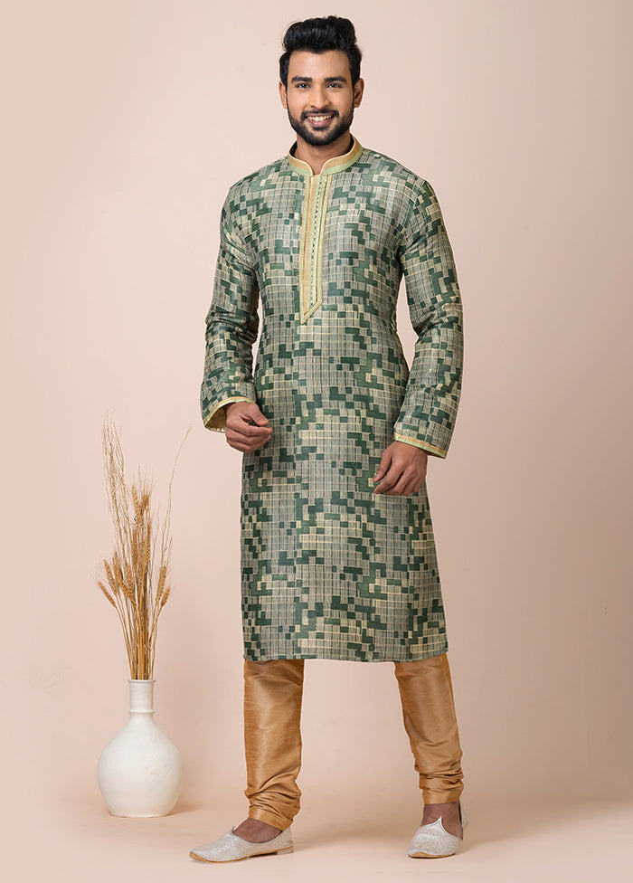 Multicolor Full Sleeves Mandarin Collar Pathani Kurta And Churidaar Set - Indian Silk House Agencies