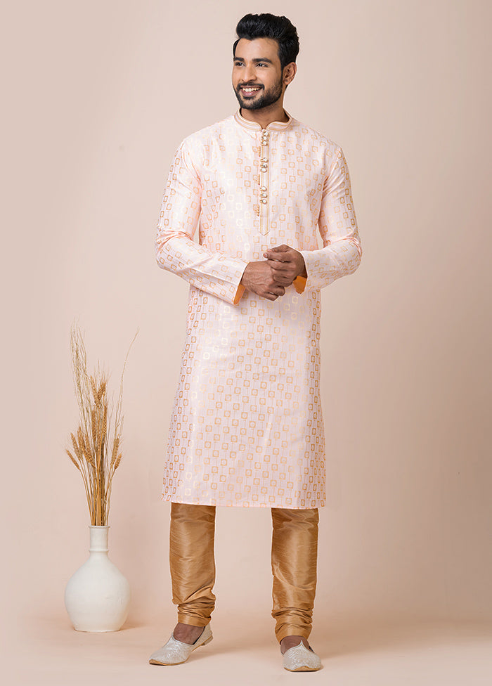 Cream Full Sleeves Mandarin Collar Pathani Kurta And Churidaar Set - Indian Silk House Agencies