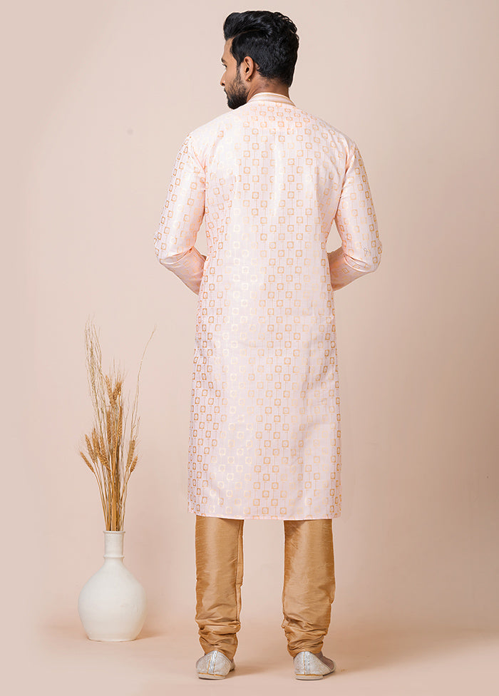 Cream Full Sleeves Mandarin Collar Pathani Kurta And Churidaar Set - Indian Silk House Agencies