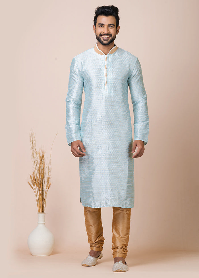 Sky Blue Full Sleeves Mandarin Collar Pathani Kurta And Churidaar Set - Indian Silk House Agencies