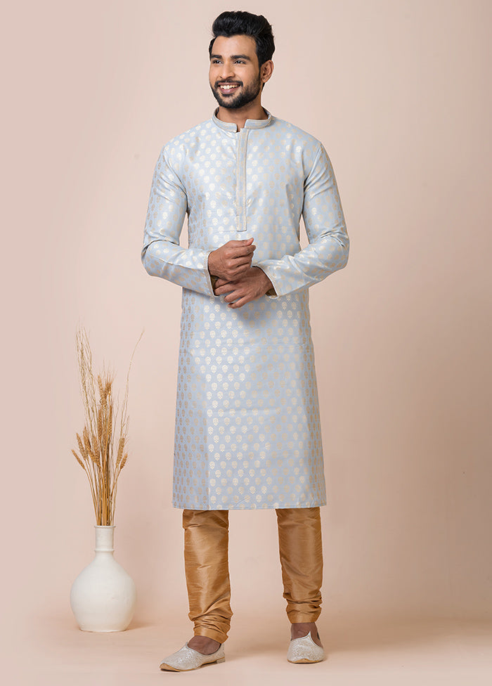 Grey Full Sleeves Mandarin Collar Pathani Kurta And Churidaar Set - Indian Silk House Agencies