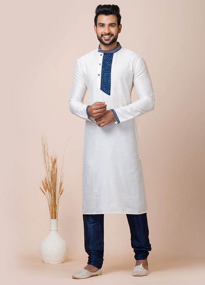 White Full Sleeves Mandarin Collar Pathani Kurta And Churidaar Set - Indian Silk House Agencies