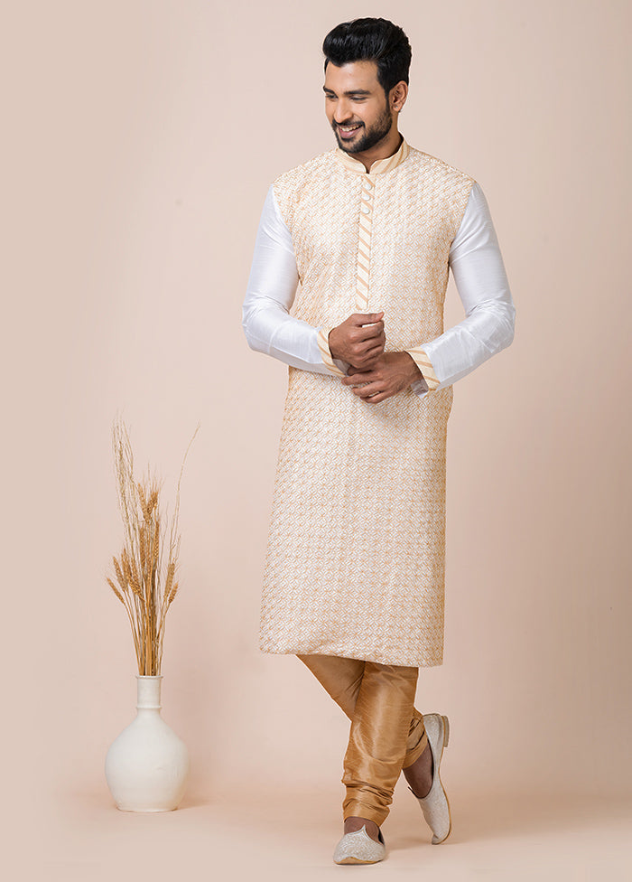 White Full Sleeves Mandarin Collar Pathani Kurta And Churidaar Set