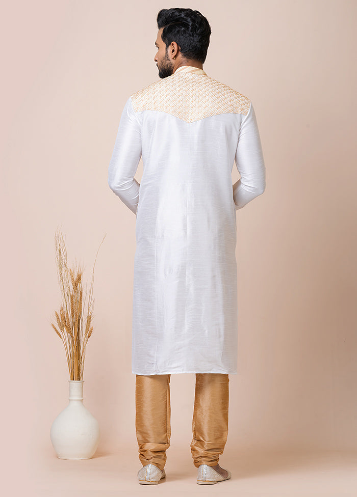 White Full Sleeves Mandarin Collar Pathani Kurta And Churidaar Set