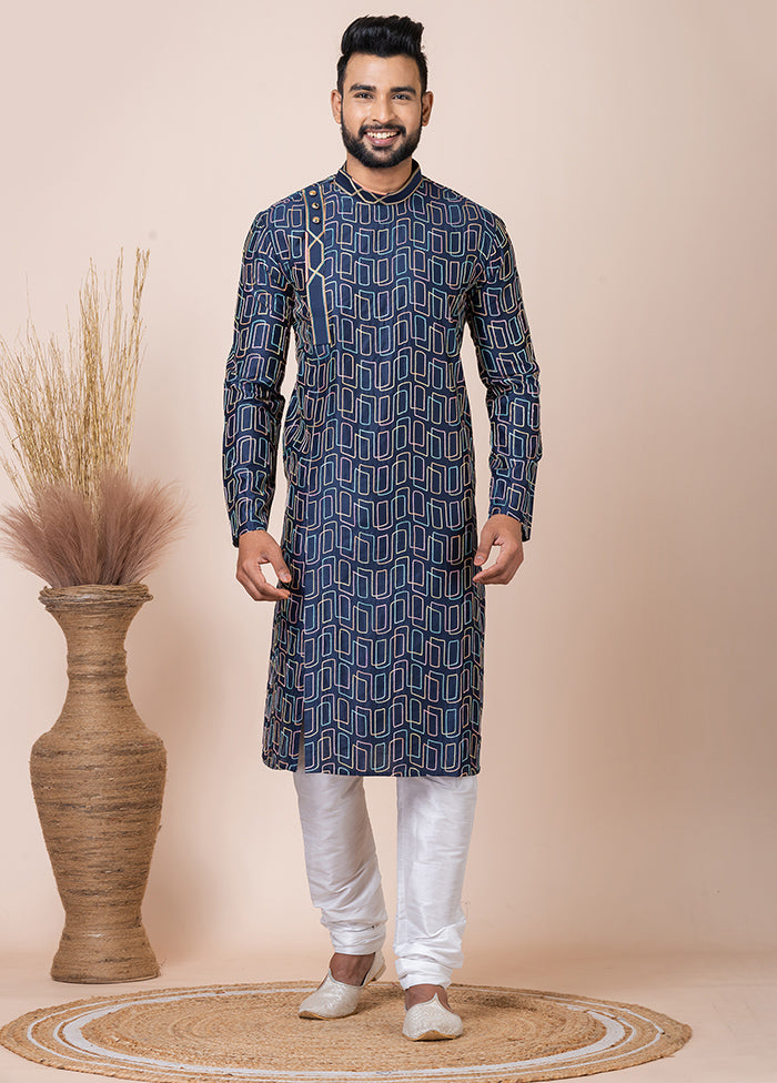 Navy Blue Cotton Full Sleeves Mandarin Collar Kurta And Pajama Set