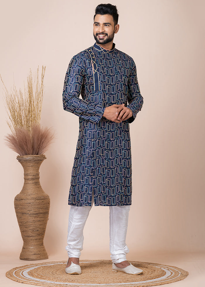 Navy Blue Cotton Full Sleeves Mandarin Collar Kurta And Pajama Set