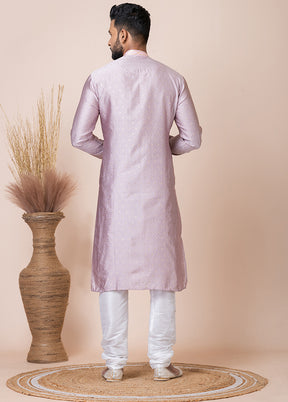 Peach Silk Full Sleeves Mandarin Collar Kurta And Pajama Set