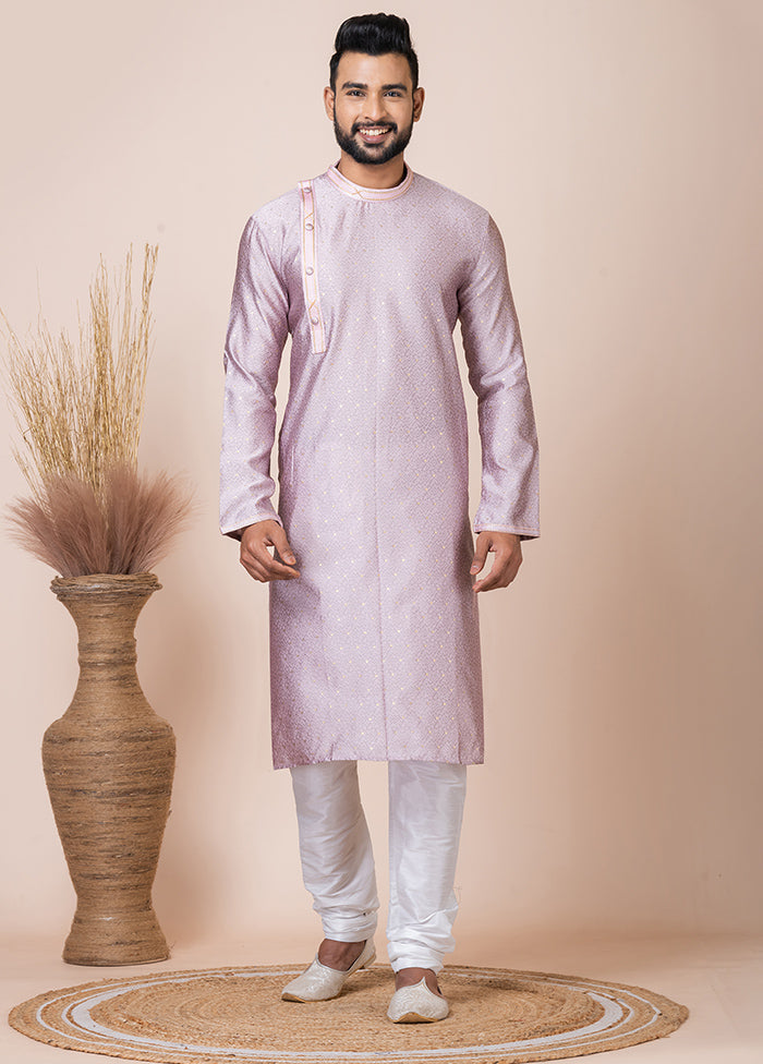 Peach Silk Full Sleeves Mandarin Collar Kurta And Pajama Set