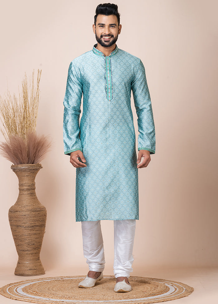 Sea Green Silk Full Sleeves Mandarin Collar Kurta And Pajama Set