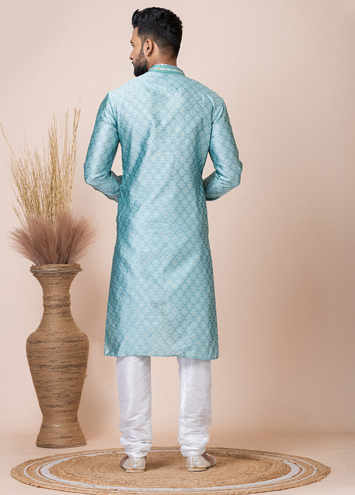 Sea Green Silk Full Sleeves Mandarin Collar Kurta And Pajama Set